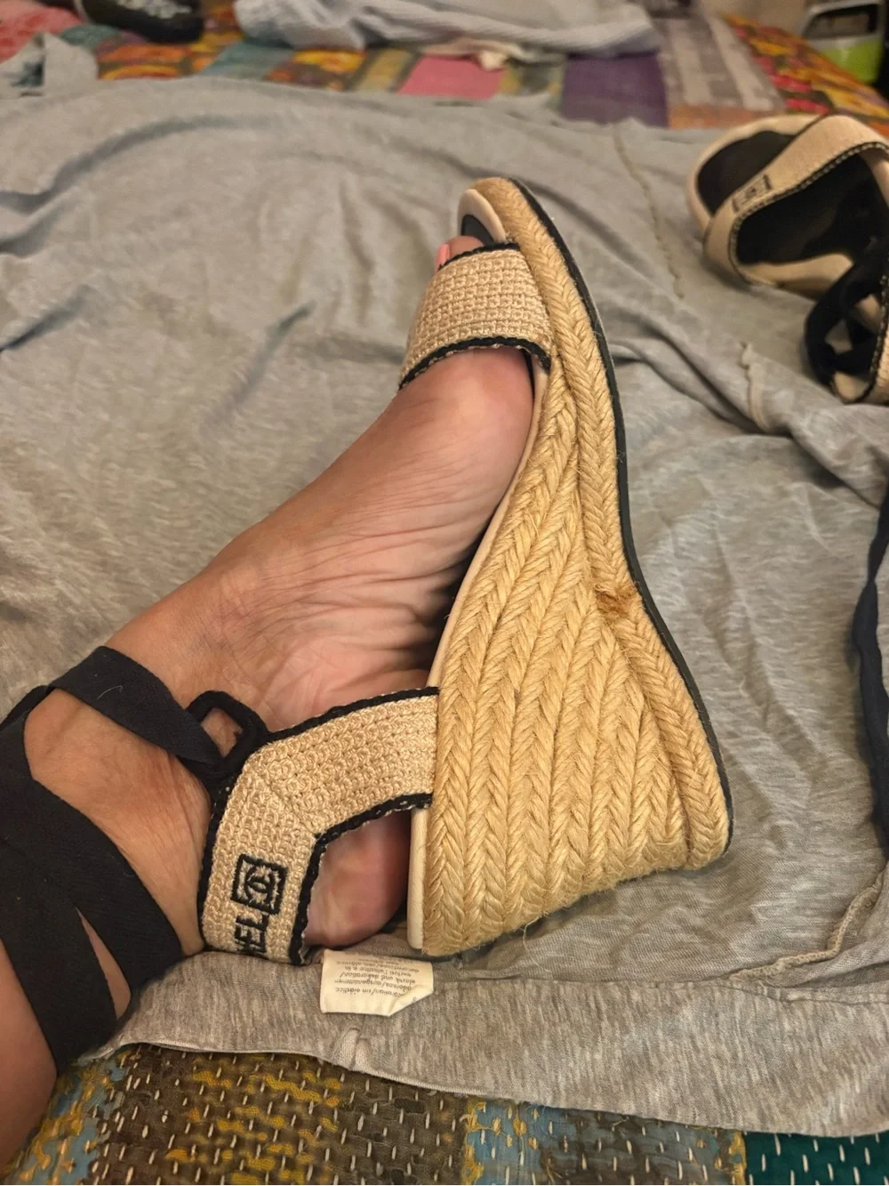 CHANEL Beige and Black Espadrille Lace-Up Sandals
